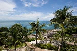 View from The Cliff, Koh Samui: concrete path leading down through palms to turquoise waters.