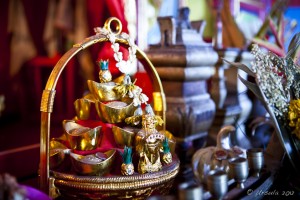 Basket of gold offerings in a Chinese Buddhist temple, Mae Nam, Koh Samui.