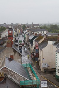 A view over wet Pembroke streets from Pembroke Castle