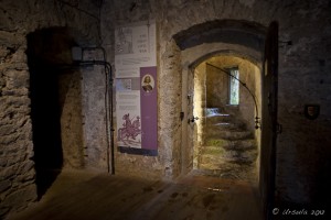 A staircase winding out of a Pembroke Castle tower room.