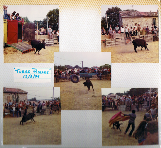 Composite: Five scanned photographs from a rustic bullfight, south of France, 1979