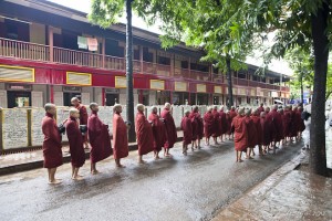 Monks forming Lunch Lines in the rain, Mahagandayon Monastery
