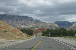 Landscape: highway into mountains, East Wyoming