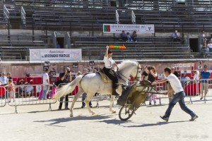 Woman on a white horse conducting a fight with a mock-up bull's head on wheels, Les Arènes de Nimes.