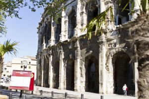 View of Les Arènes de Nîmes from the sidewalk café across the road.