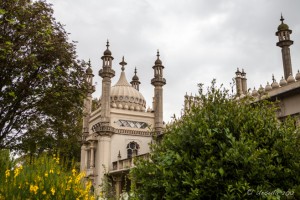 The Indo-Saracenic-style dome and turrets of Brighton's Royal Pavilion rise above wet vegetation.