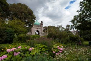 Brighton Royal Palace Gardens under a dark cloudy sky, Brighton, UK