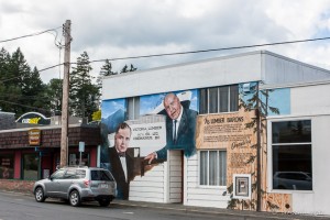 Mural: Painting of JA Humberg and HR MacMillan on a Chemainus building, BC Canada