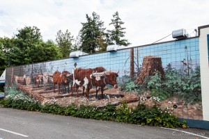 Mural of an ox team dragging timber, Chemainus, BC