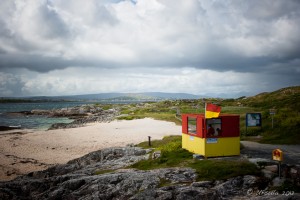 Red and yellow lifeguard shelter, Galway Bay