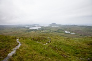View back over the Diamond Hill Trails in the rain, Connemara National Park