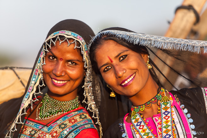 Portrait of two beautiful women in Kalbeliya Gypsy attire, Pushkar, India