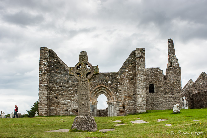 Clonmacnoise Cathedral West face of the High Cross of the Scriptures and the Cathedral at Clonmacnoise, Co. Offaly