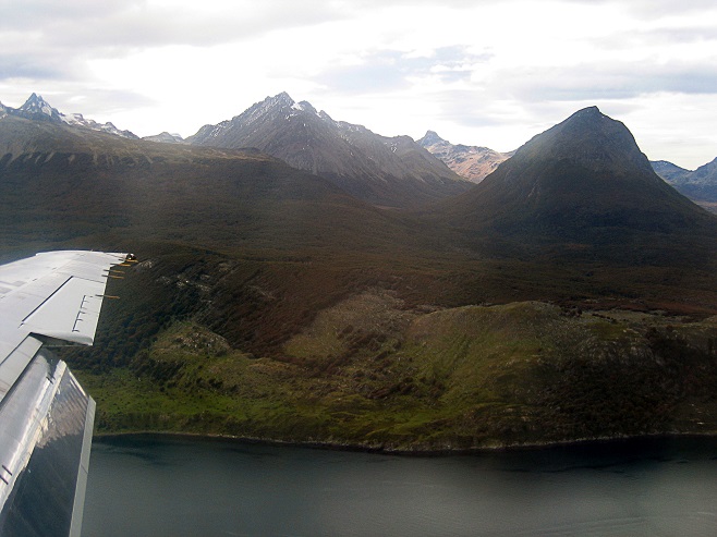 Mountains and waters of Tierra del Fuego from the air.