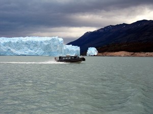 Motor Boat on Lago Argentino in front of Perito Moreno, Patagonia.