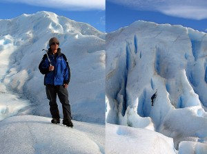 Composite: Male Argentinian guide with an ice-pick, and climing an ice face.