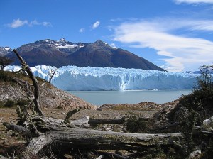 Landscape: front edge of Perito Moreno, with a piece of glacier splashing into the waters of the lake.