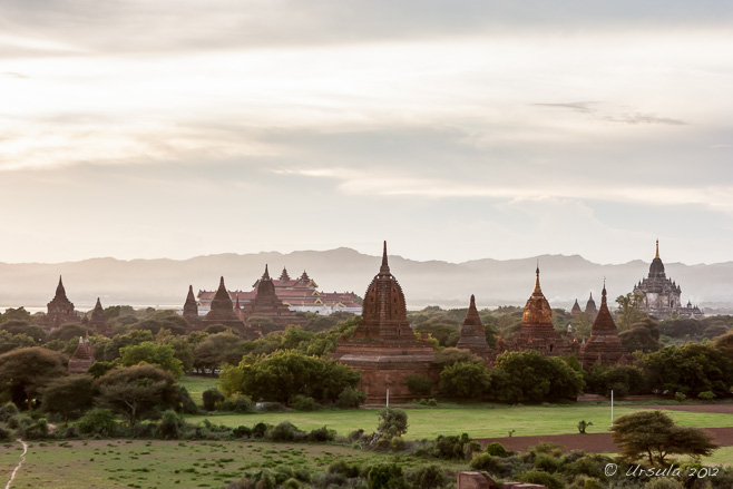 View from Shwesandaw, Myanmar-Burma west over Bagan temples at Twilight