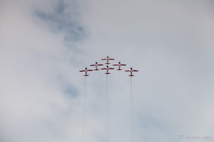 Six KT-1B propellor Wongbee aircraft, in a triangle. Singapore Airshow 2014.