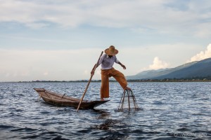 Leg Rowing Fishermen Stepping on a woven fish net, Inle Lake, Myanmar