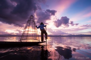 Intha Leg Rowing Fisherman, Purple sunset, Inle Lake, Myanmar