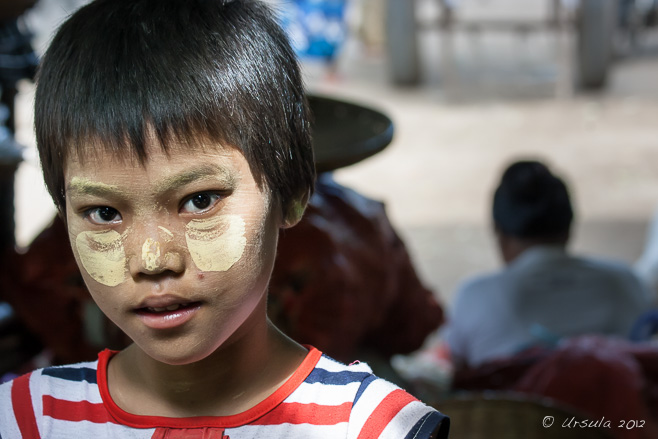 Portrait: Burmese Child in thanaka powder, Shwezigon Pagoda, Bagan