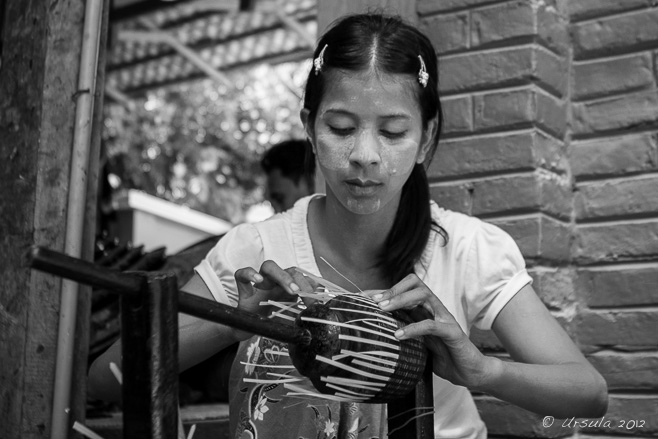 Portrait: Burmese woman weaving horsehair and bamboo into a bowl, U Ba Nyein Lacquerware, Bagan Myanmar, B&W BlackandWhite 