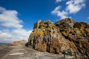 Back view of the rocky Hermitage, Jersey
