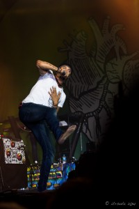 Michael Franti on stage at Byron Bay Bluesfest 2014.
