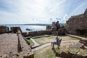 View over the inner Courtyard and Gorey Harbour, Mont Orgueil Castle