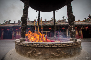 Joss Sticks Burning in a large bowl, Guandi Temple, Quanzhou China