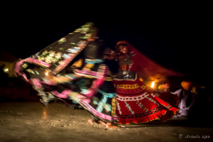 Two Kalbelia gypsy Dancers in motion, Manvar Desert Camp, Dechu, India