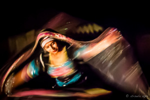Abstract portrait: Kalbelia Dancers in ornate gypsy dress in motion, Manvar Desert Camp, Dechu, India