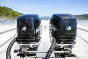 Two black Mercury outboard motors, Clayoquot Sound, BC
