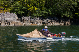 Man in a small outboard motor boat, Hot Springs Cove, Maquinna Marine Provincial Park BC