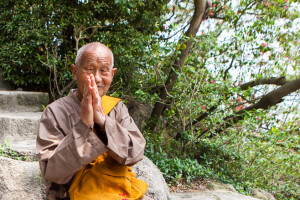 Portrait of an Old Buddhist Chinese Monk with hands in prayer, Nan Putuo Temple, Xiamen, Fujian Province, China