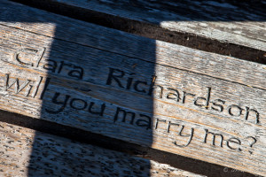 Boardwalk engraved with a marriage proposal, Hot Springs Cove, Maquinna Marine Provincial Park BC