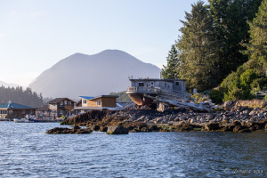 Househoat and dwellings on Tofino Harbour, BC