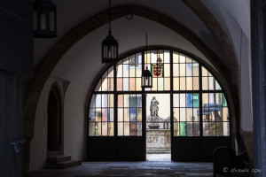 Stained glass in an Arched doorway, Old Regensburg, Germany