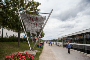 A modern sculpture incorporating 200 fish, Regensburg canalboat dock, Germany