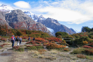 Hikers on an autumn trail to Fitz Roy, Patagonia Argentina