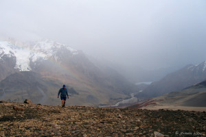 Rainbow and a man in the fog, Loma del Pliegue Tumbado, Patagonia Argentina