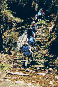 Hikers on a steep, rocky track, the Annapurnas, Nepal