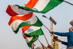 Waving Indian flags, Wagah Border, Amritsar Punjab India