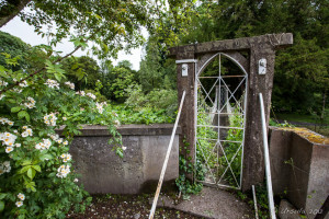 Gate to the suspension bridge In the Birr Castle Demesne, Co Offaly, Ireland