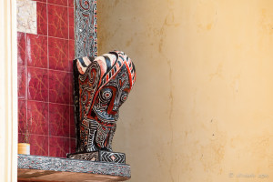 Red, black and white Batak design detail on a mausoleum, Samosir Island, North Sumatra