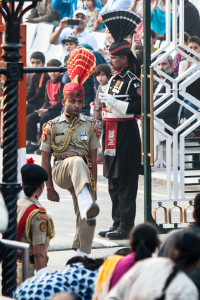 Indian BSF soldier high-stepping at the gate, Attari-Wagah Border, Amritsar Punjab India