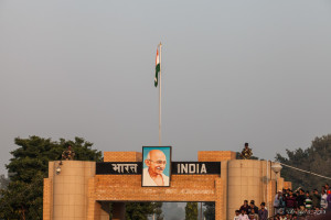 Mahatma Gandhi's picture on a gate over the Indian border area at the Attari-Wagah Border, Amritsar Punjab India