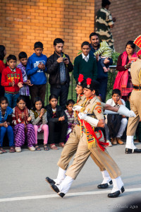 Indian female soldiers marching in quick-time, Attari-Wagah Border, Amritsar Punjab India