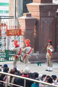 Indian BSF soldiers high-kicking at the gate, Attari-Wagah Border, Amritsar Punjab India